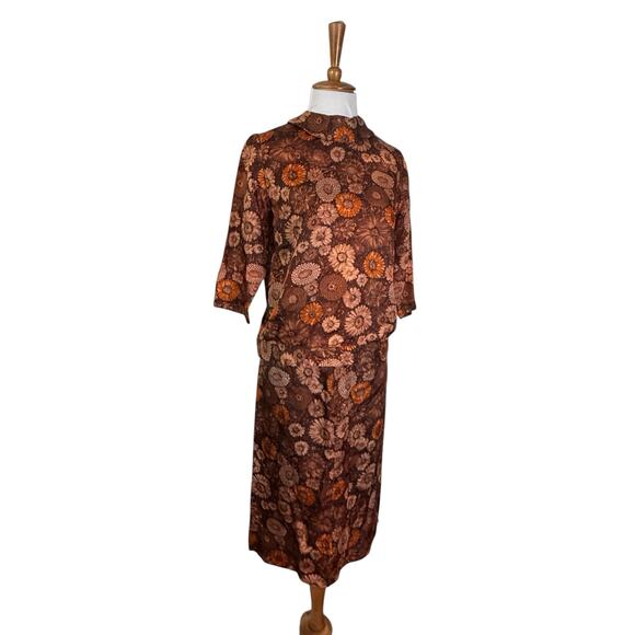 Vintage 1960s  Two-Piece Dress Set Brown Orange Floral Mums Print Boho Retro XS - Picture 2 of 8